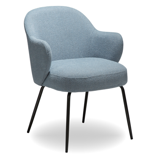LANA dining chair in Blue Fog boucle with curved arms and antique pewter legs by AK Interior Living