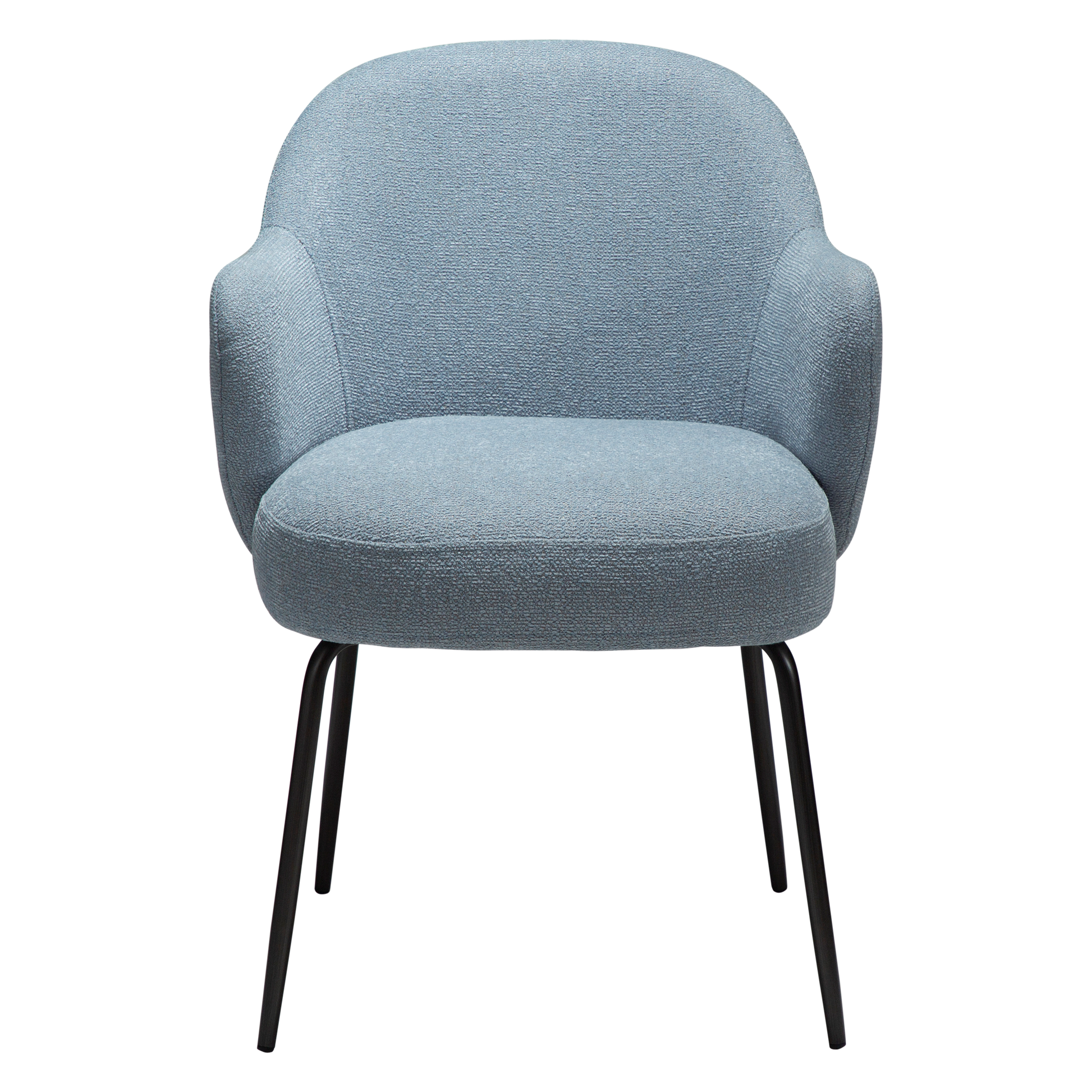 LANA dining chair in Blue Fog boucle with curved arms and antique pewter legs by AK Interior Living