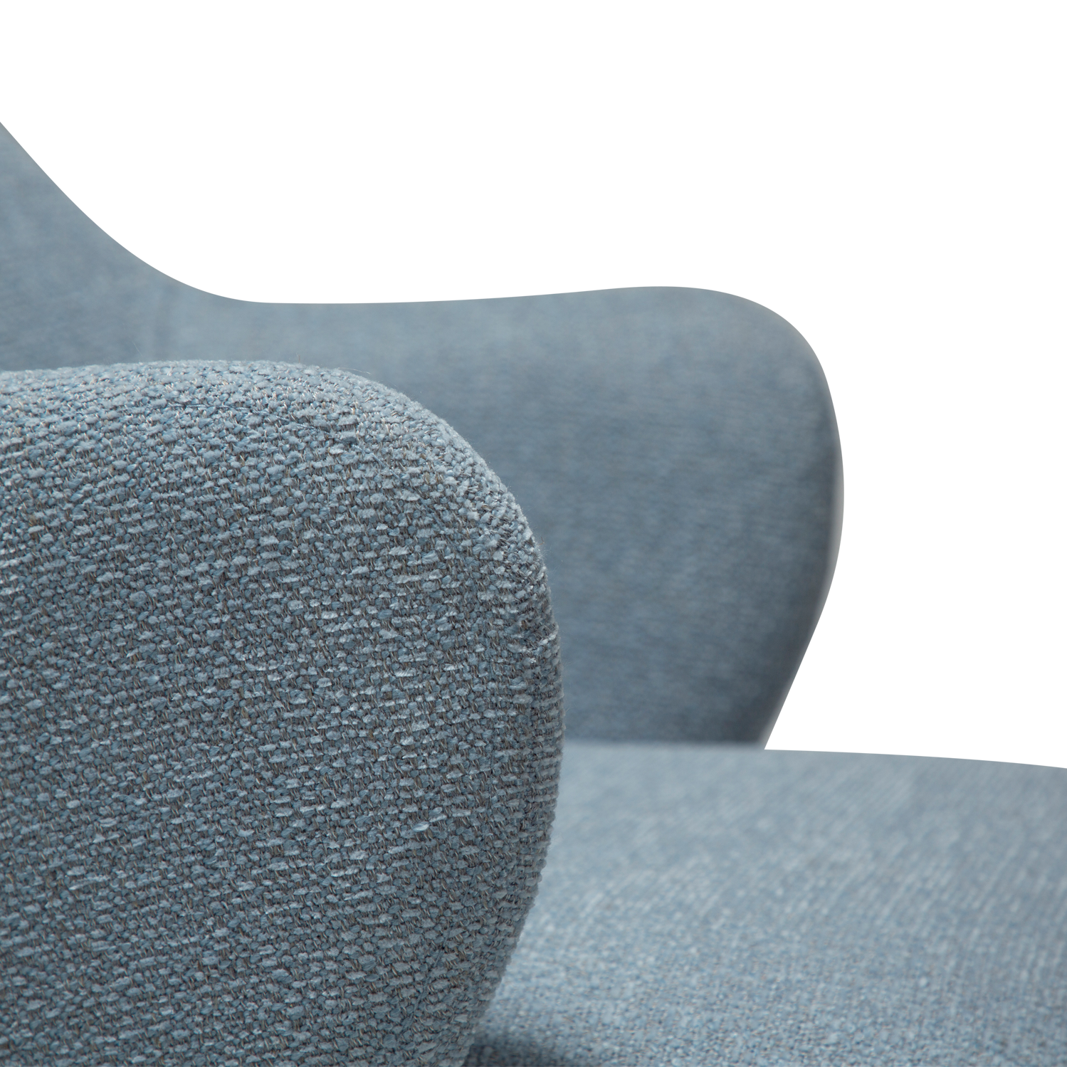 LANA dining chair in Blue Fog boucle with curved arms and antique pewter legs by AK Interior Living
