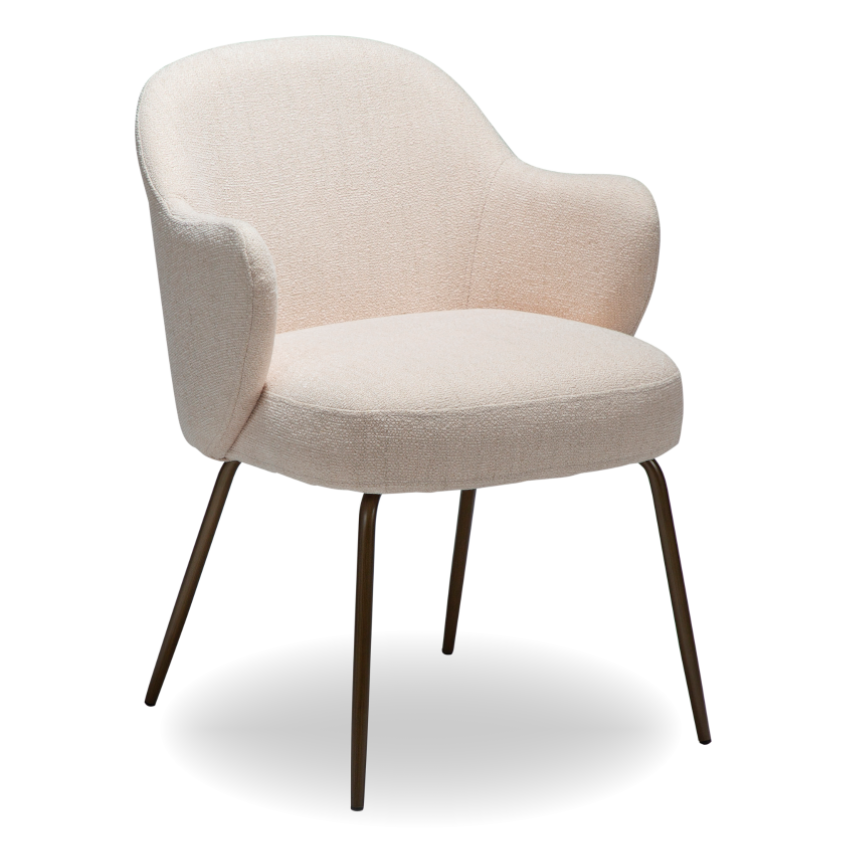 BARB dining chair in Creole Pink boucle with curved arms and antique brass legs by AK Interior Living