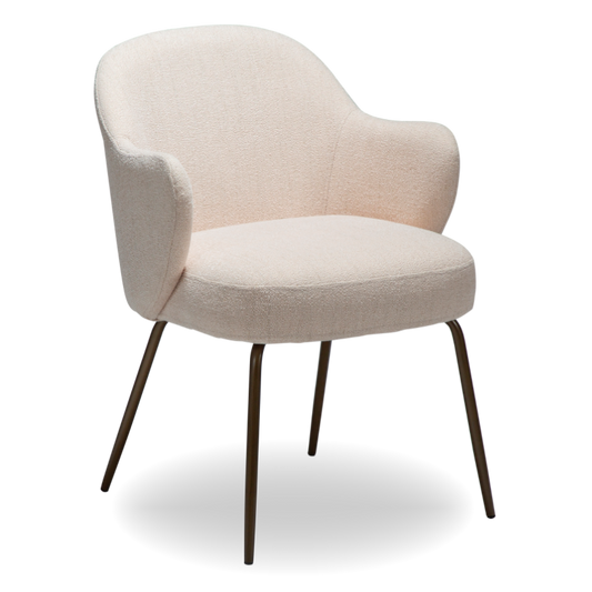 BARB dining chair in Creole Pink boucle with curved arms and antique brass legs by AK Interior Living