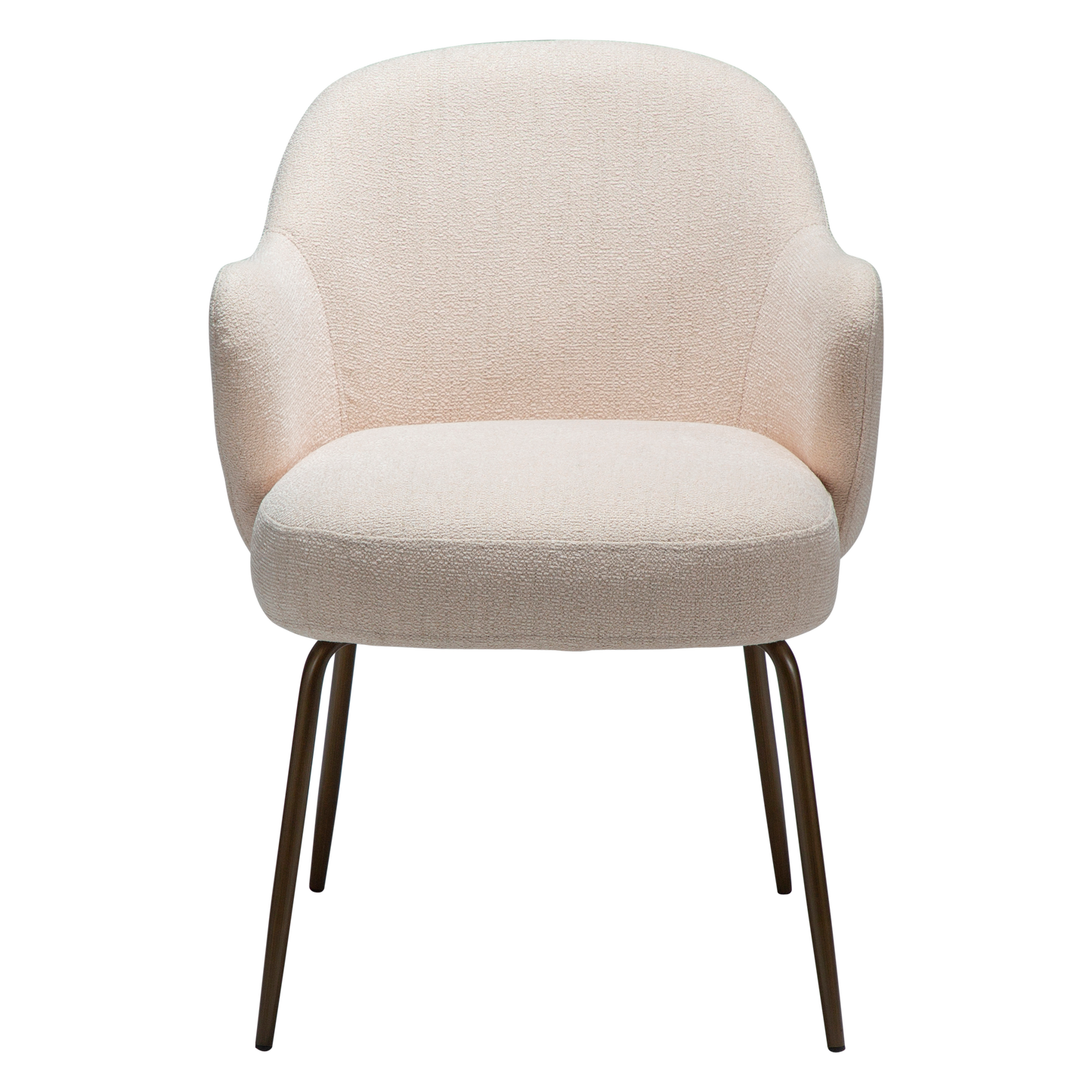 BARB dining chair in Creole Pink boucle with curved arms and antique brass legs by AK Interior Living