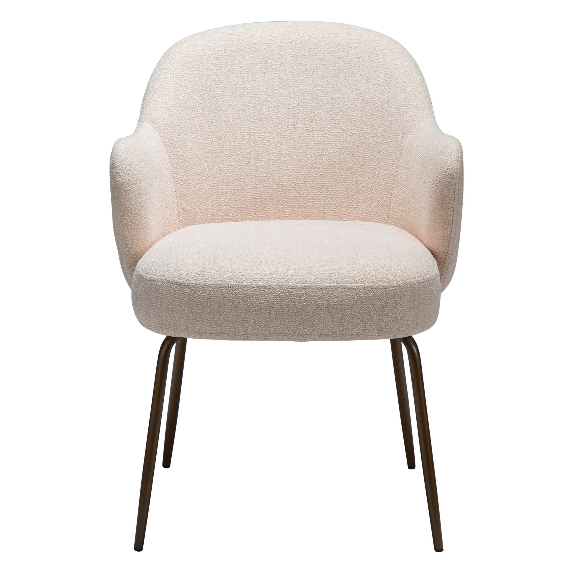 BARB dining chair in Creole Pink boucle with curved arms and antique brass legs by AK Interior Living