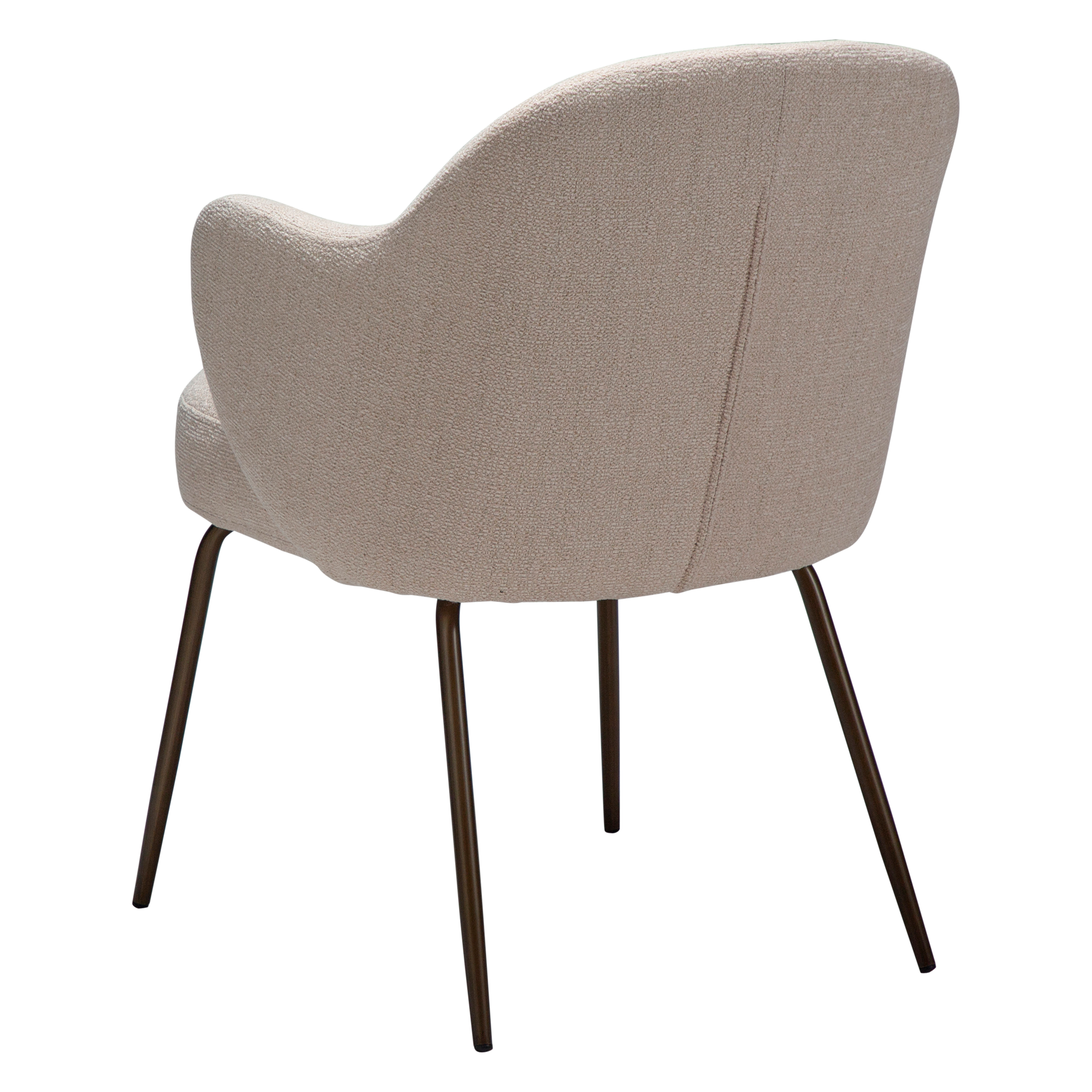 BARB dining chair in Creole Pink boucle with curved arms and antique brass legs by AK Interior Living