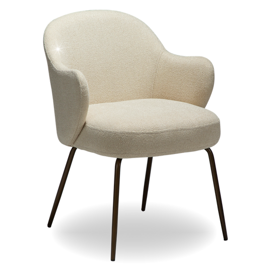 OLA dining chair in frosted almond boucle with curved arms and antique brass legs by AK Interior Living