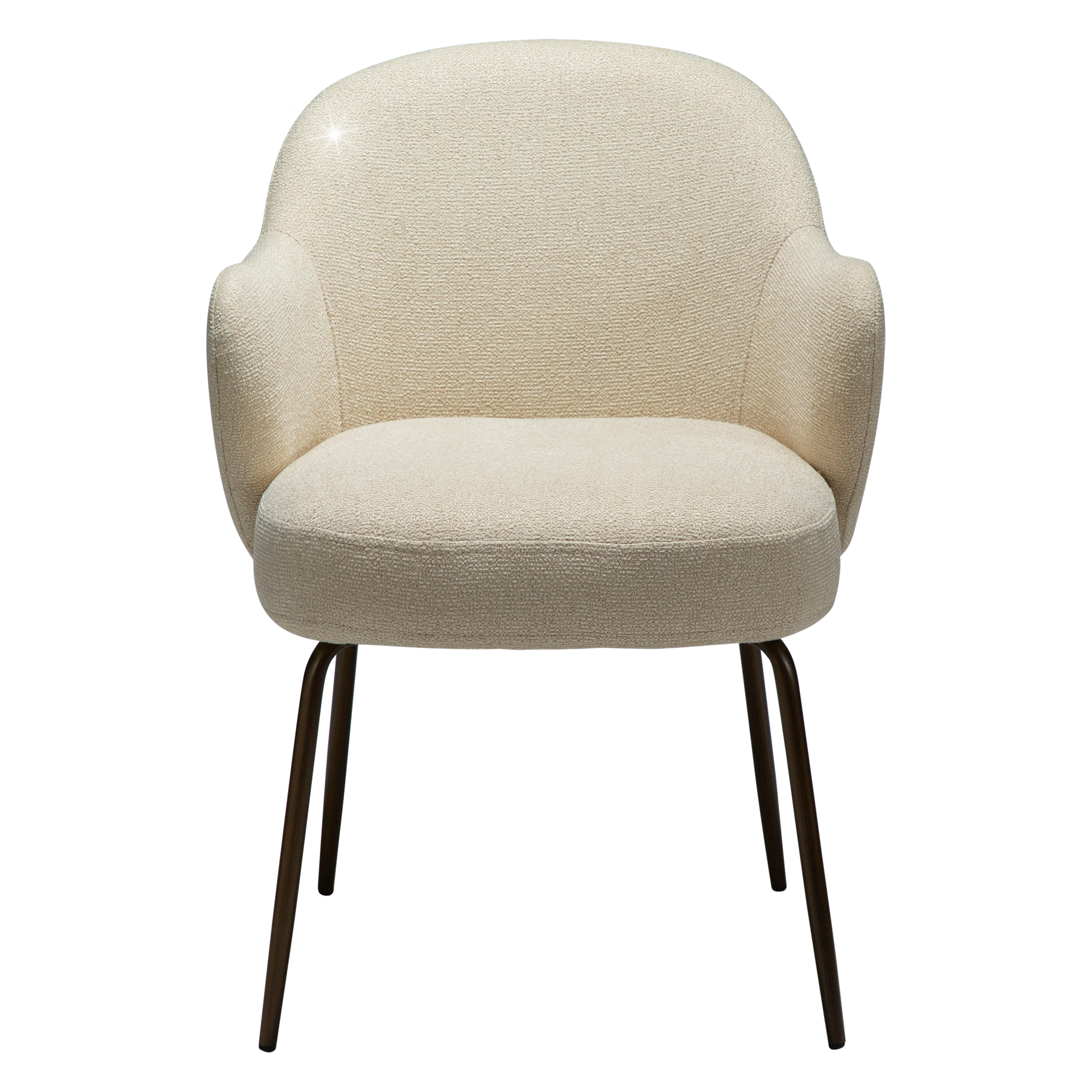 OLA dining chair in frosted almond boucle with curved arms and antique brass legs by AK Interior Living