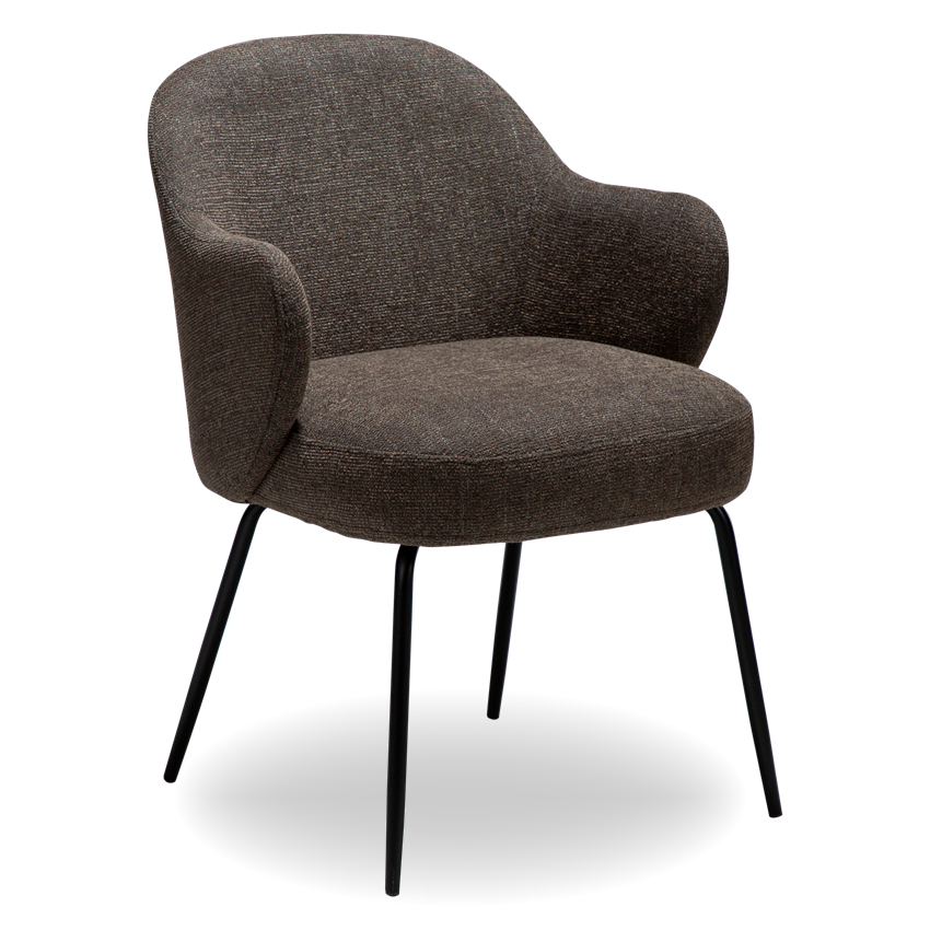 JAS dining chair in textured brown fabric with curved arms and black legs by AK Interior Living