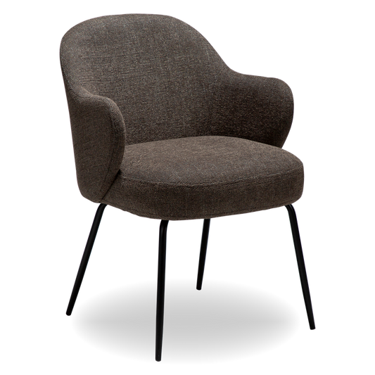 JAS dining chair in textured brown fabric with curved arms and black legs by AK Interior Living