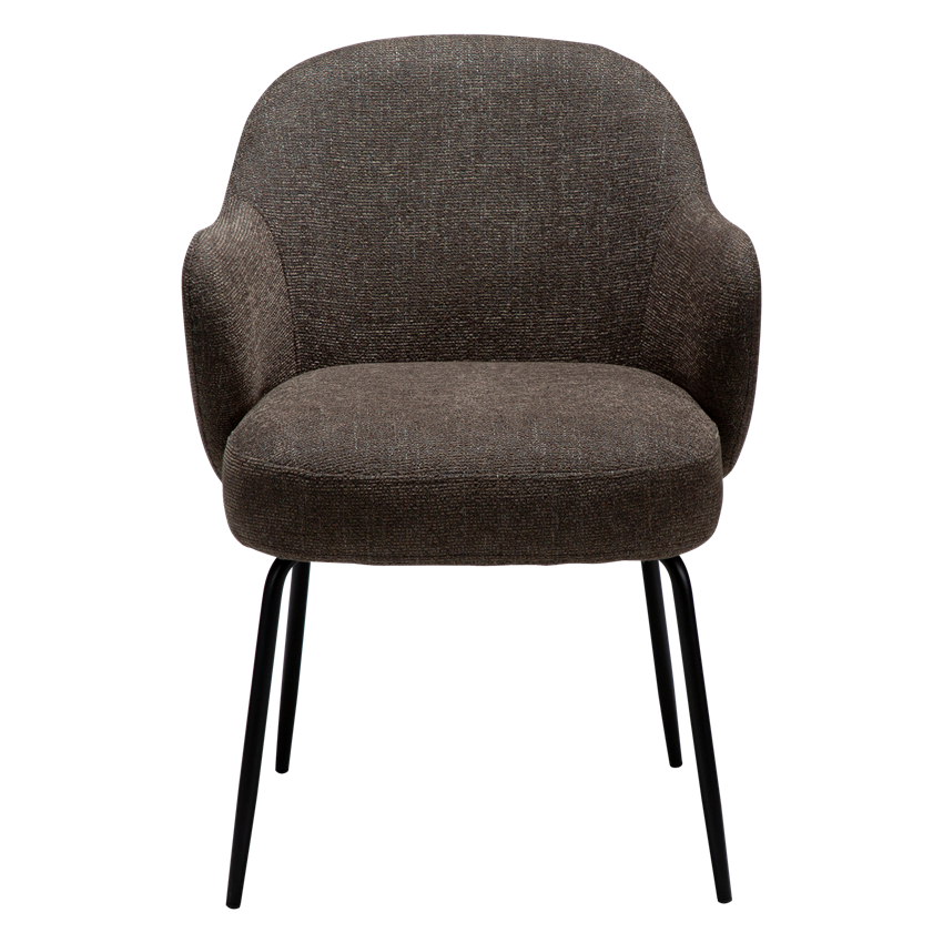 JAS dining chair in textured brown fabric with curved arms and black legs by AK Interior Living