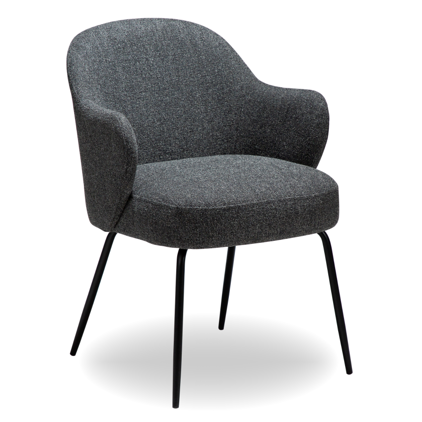 JOSHUA dining chair in Pebble Grey boucle with curved arms and black metal legs by AK Interior Living
