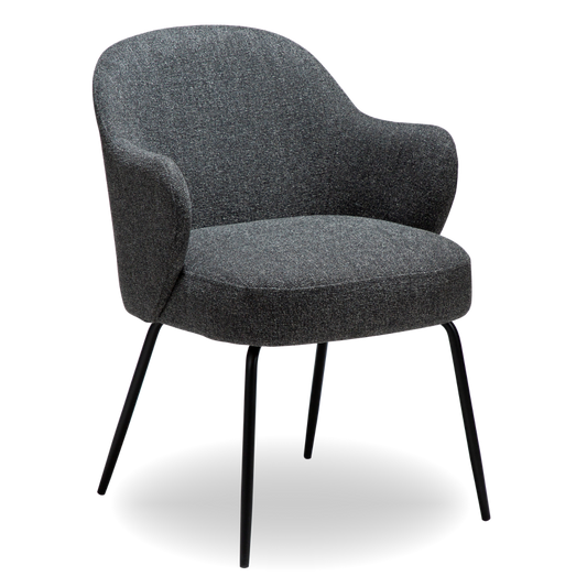 JOSHUA dining chair in Pebble Grey boucle with curved arms and black metal legs by AK Interior Living