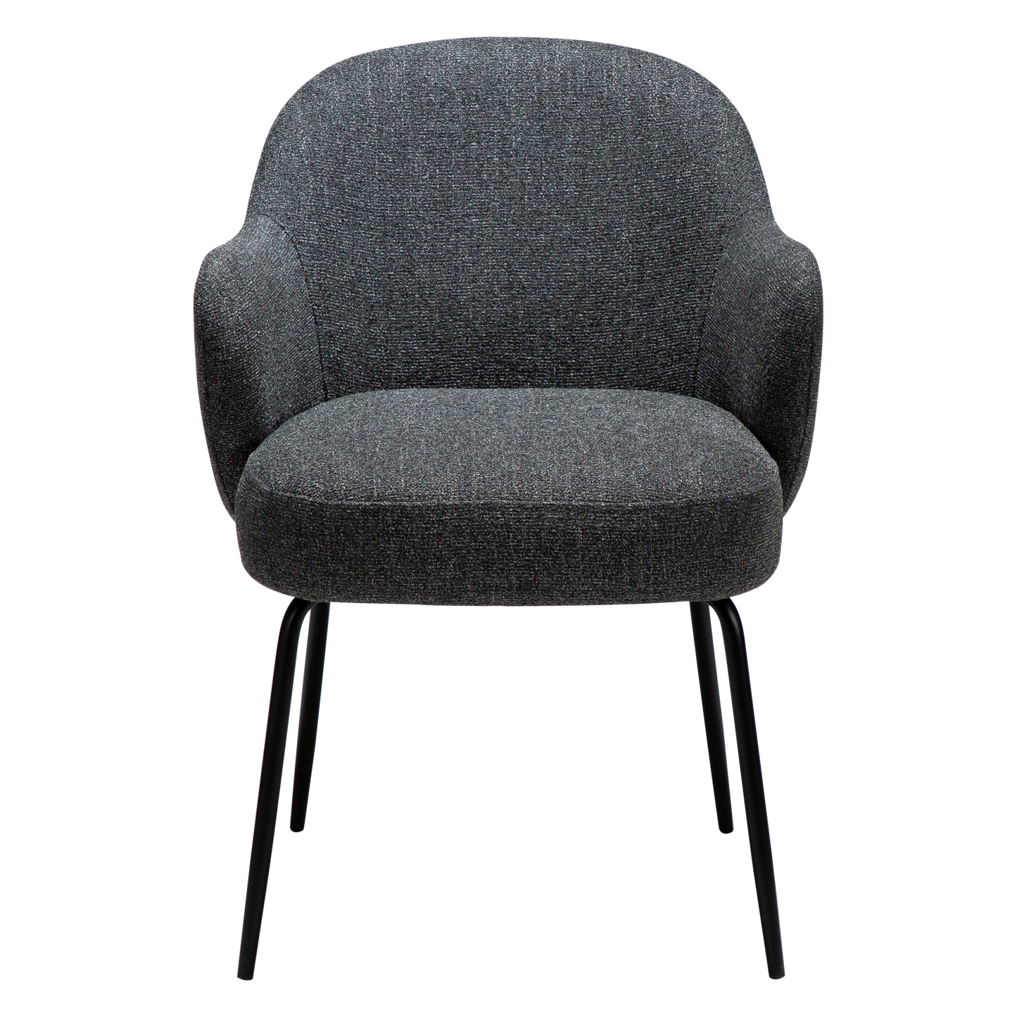 JOSHUA dining chair in Pebble Grey boucle with curved arms and black metal legs by AK Interior Living