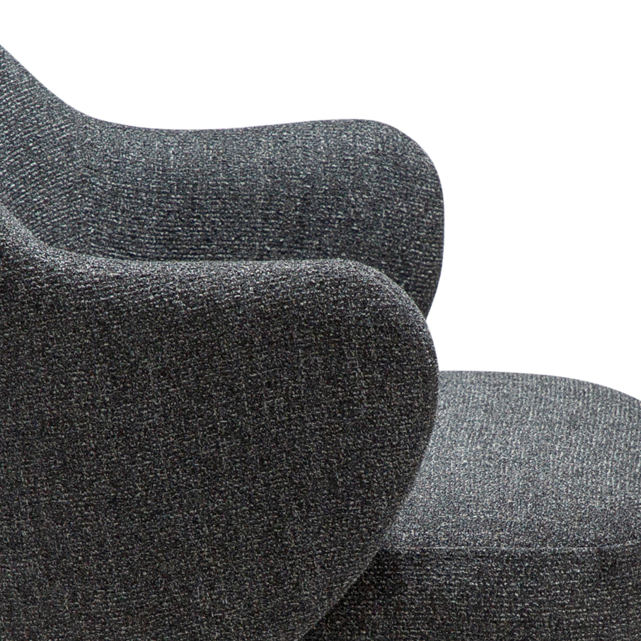 JOSHUA dining chair in Pebble Grey boucle with curved arms and black metal legs by AK Interior Living