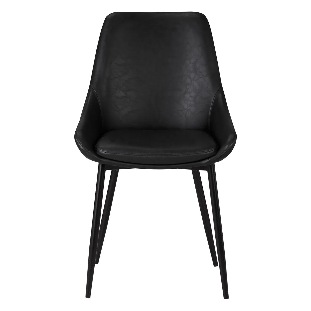Side view of LUCE dining chair in PU with black metal legs and curved seat