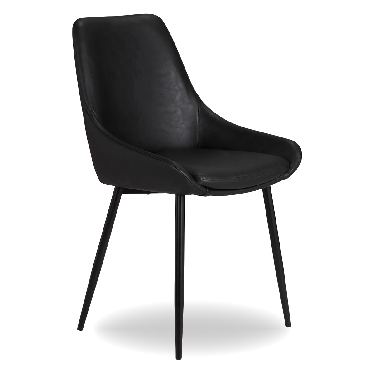 Side view of LUCE dining chair in PU with black metal legs and curved seat