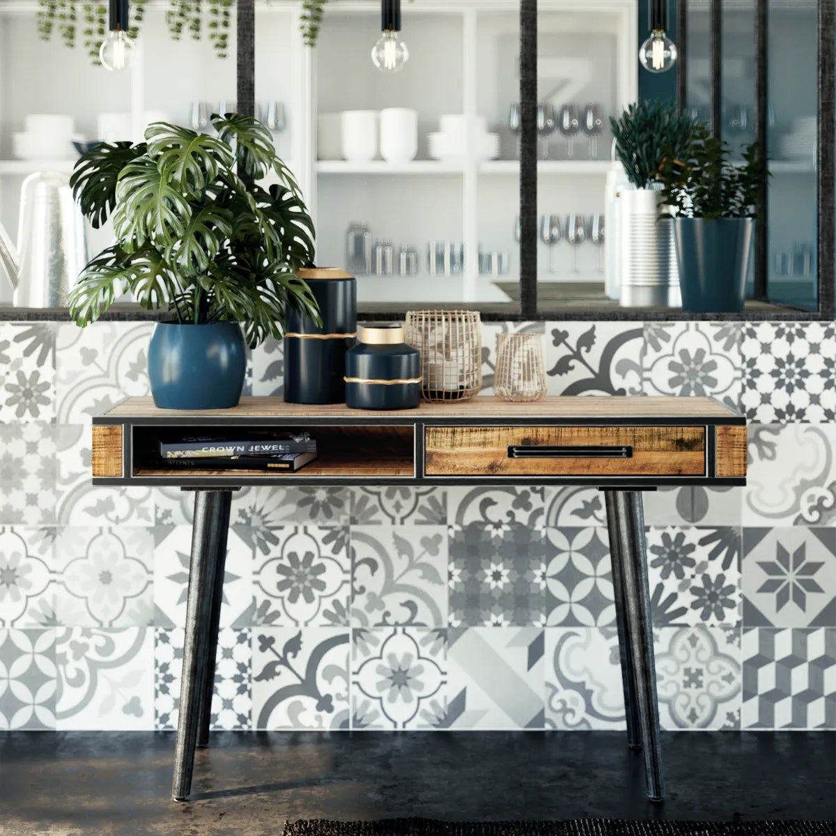 Inés 1-drawer console table with wood top and black metal legs – AK Interior Living