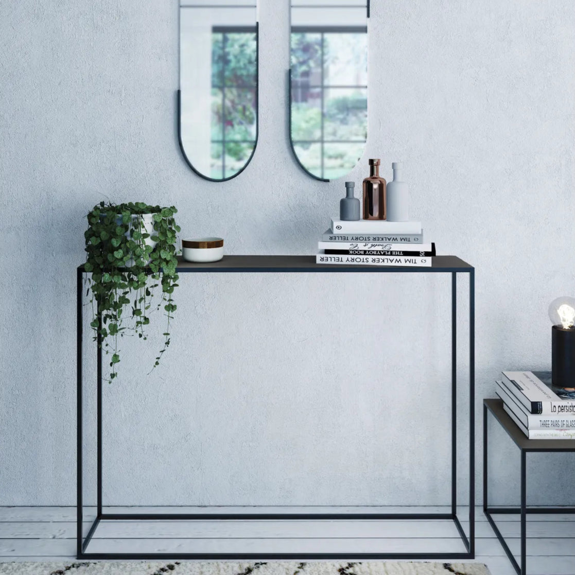 Iria black minimalist metal console table, 110 cm wide – AK Interior Living