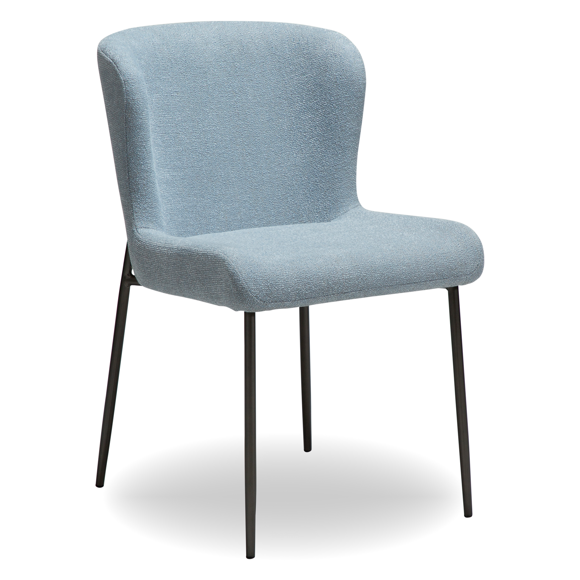 ANYA dining chair in Blue Fog bouclé with curved back and antique pewter legs by AK Interior Living