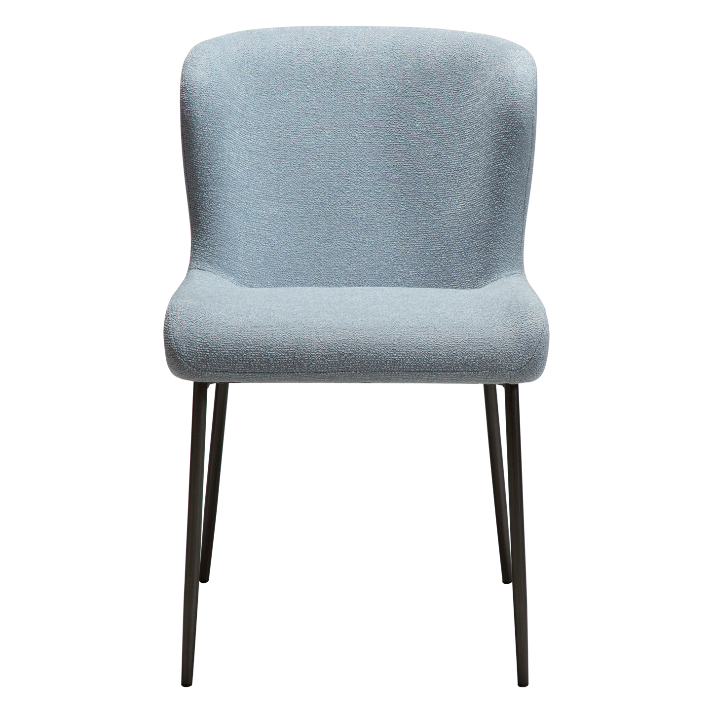 ANYA dining chair in Blue Fog bouclé with curved back and antique pewter legs by AK Interior Living