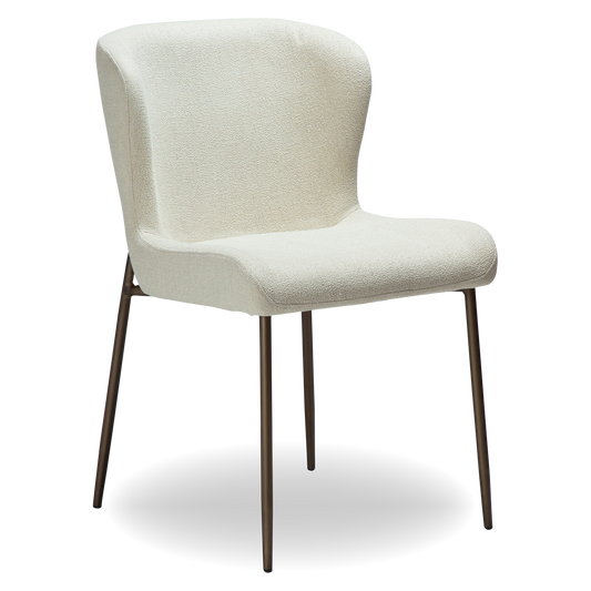 ELSA dining chair in bone white bouclé with curved back and antique brass legs by AK Interior Living