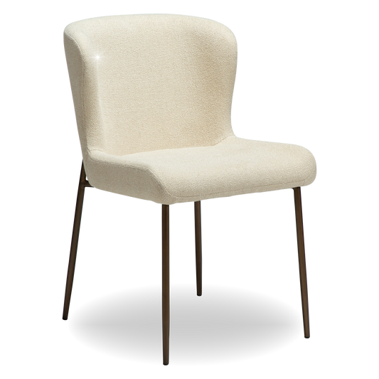 BROOKE dining chair in frosted almond bouclé with shimmer and antique brass legs by AK Interior Living