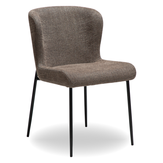 ARYA dining chair in Major brown bouclé fabric with curved back and black metal legs by AK Interior Living