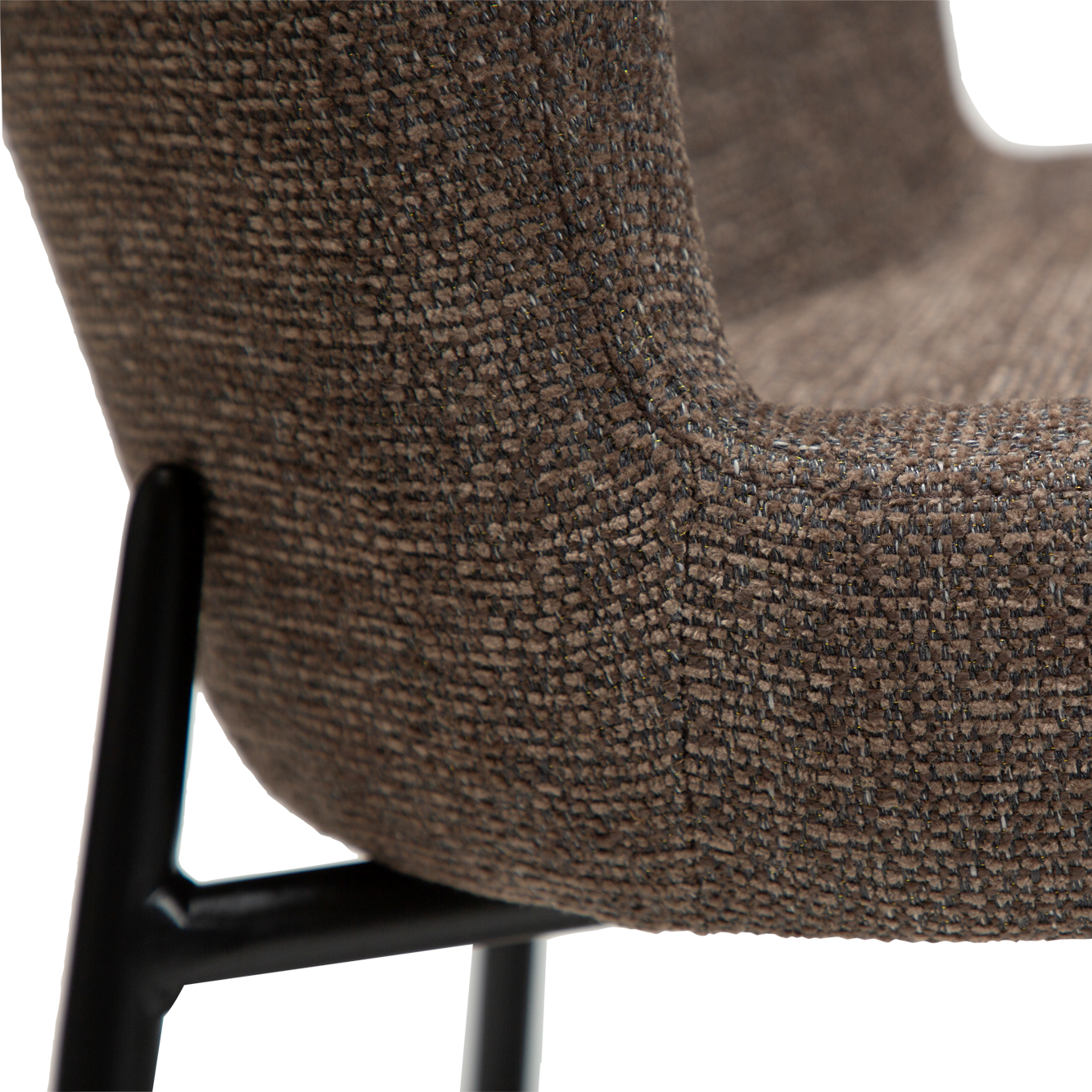 ARYA dining chair in Major brown bouclé fabric with curved back and black metal legs by AK Interior Living