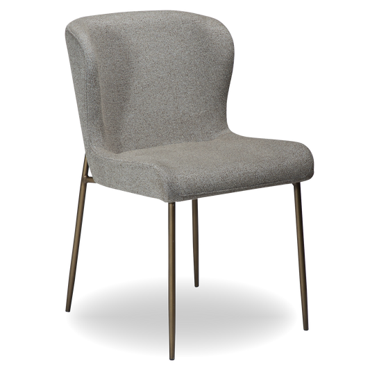 TARA dining chair in pebble earth bouclé with curved back and antique brass legs by AK Interior Living