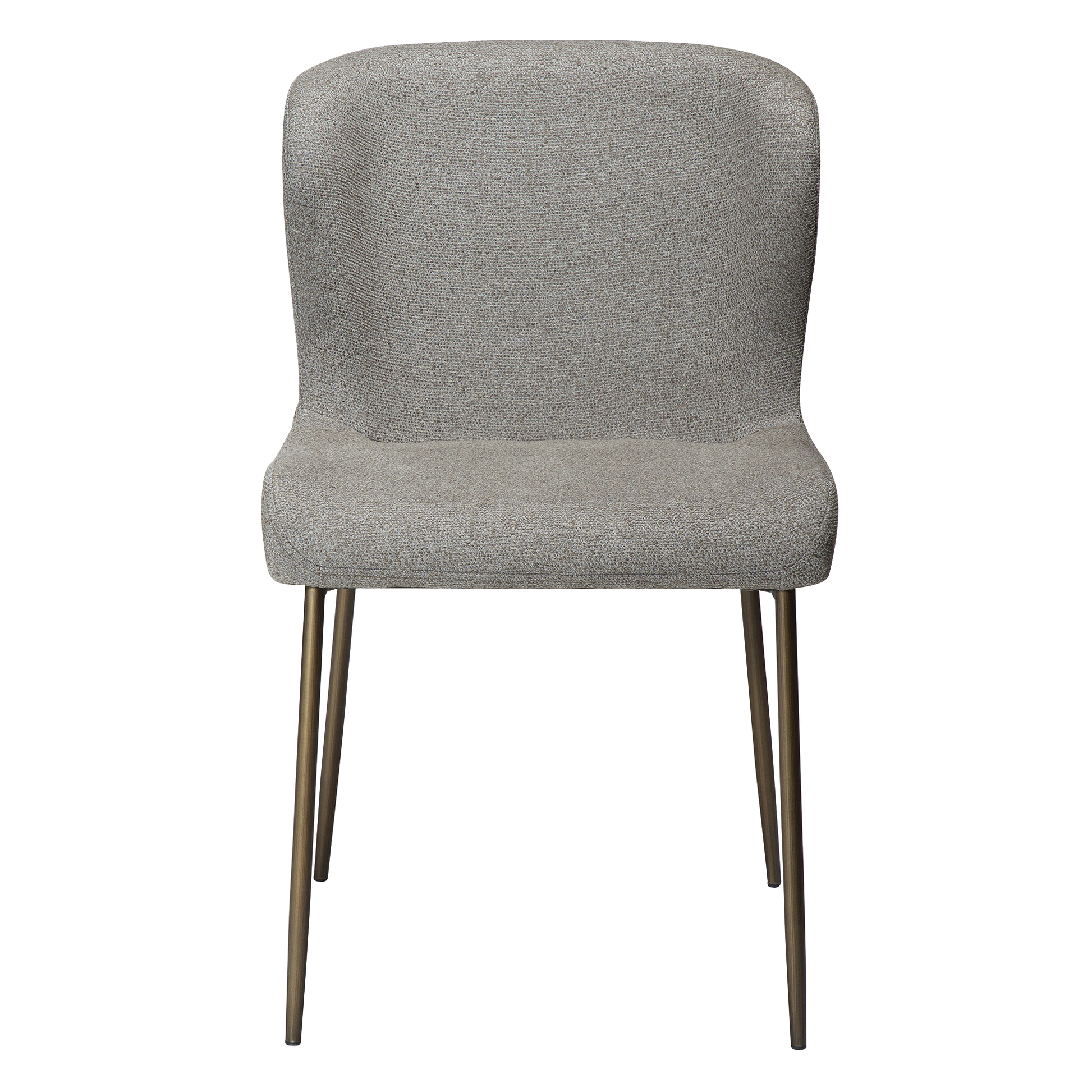 TARA dining chair in pebble earth bouclé with curved back and antique brass legs by AK Interior Living