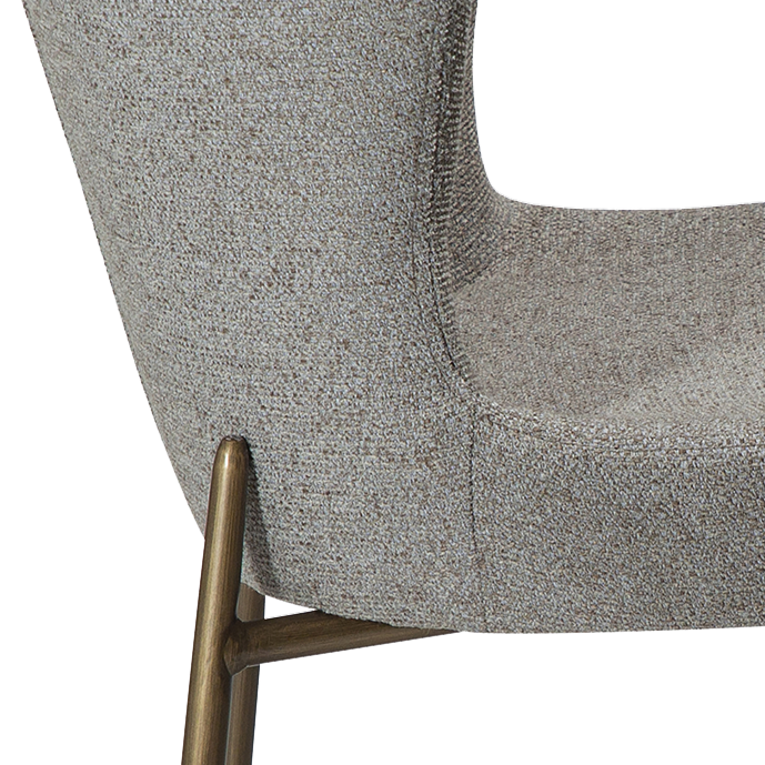 TARA dining chair in pebble earth bouclé with curved back and antique brass legs by AK Interior Living