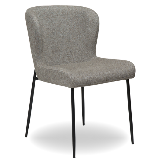 ROSS dining chair in pebble earth bouclé fabric with curved back and black metal legs by AK Interior Living