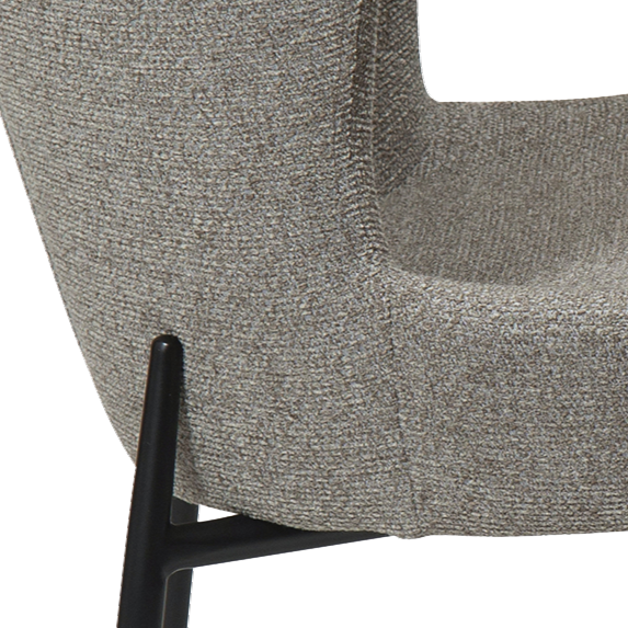 ROSS dining chair in pebble earth bouclé fabric with curved back and black metal legs by AK Interior Living