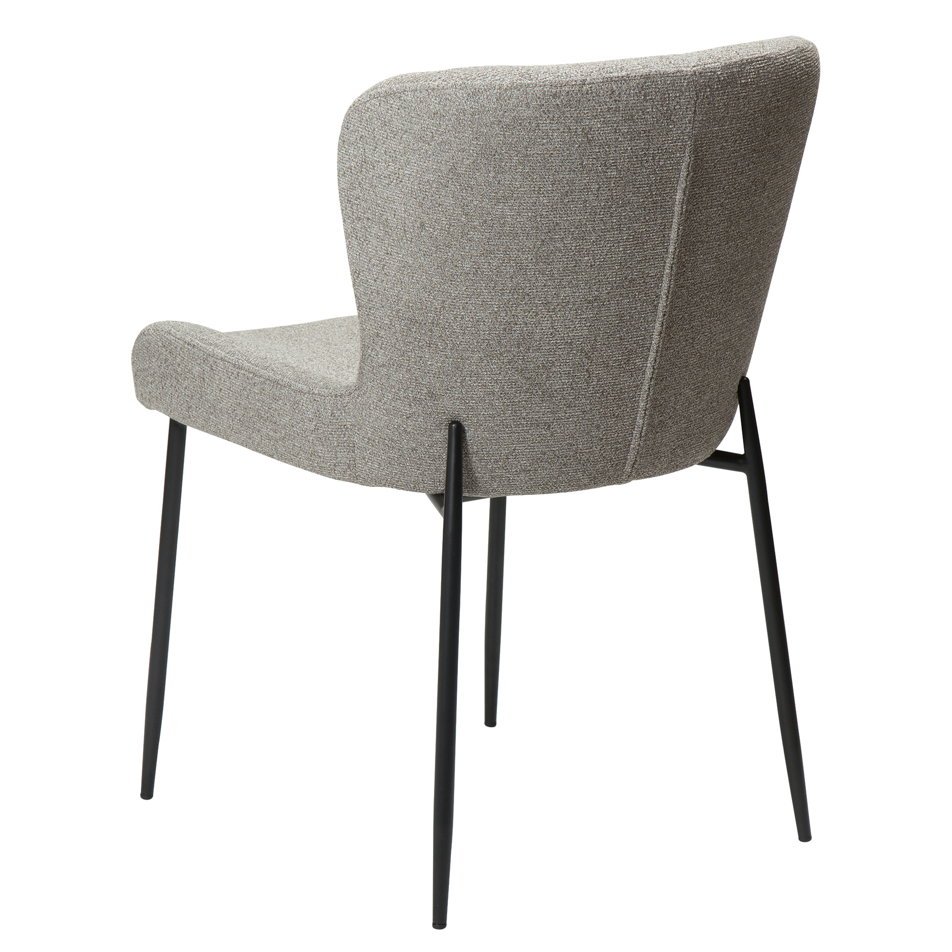 ROSS dining chair in pebble earth bouclé fabric with curved back and black metal legs by AK Interior Living
