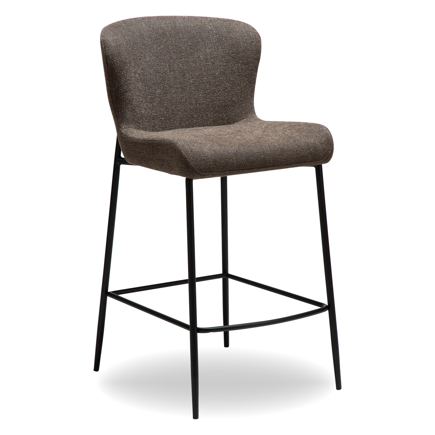 ADAM counter-height stool in Major Brown bouclé fabric with sculpted back and black metal legs by AK Interior Living