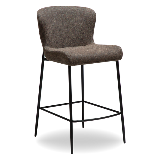 ADAM counter-height stool in Major Brown bouclé fabric with sculpted back and black metal legs by AK Interior Living