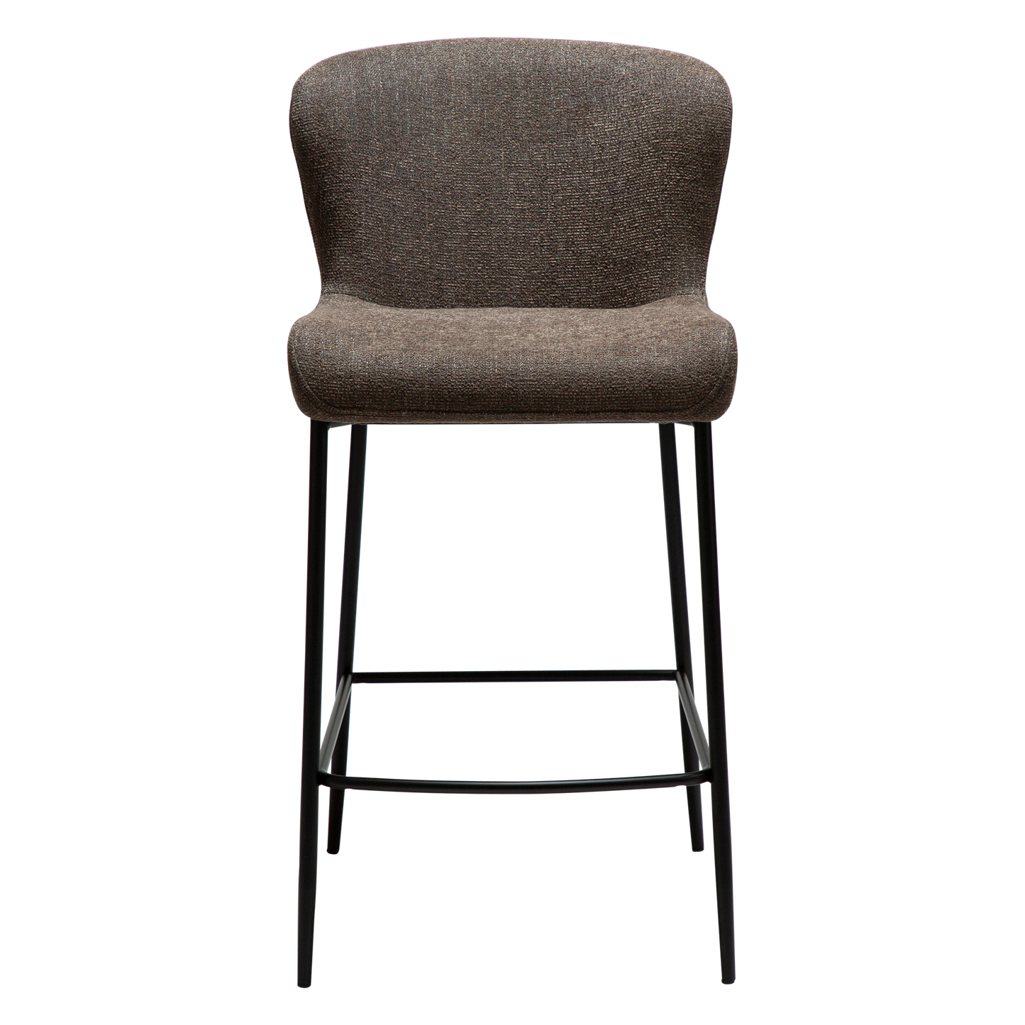 ADAM counter-height stool in Major Brown bouclé fabric with sculpted back and black metal legs by AK Interior Living