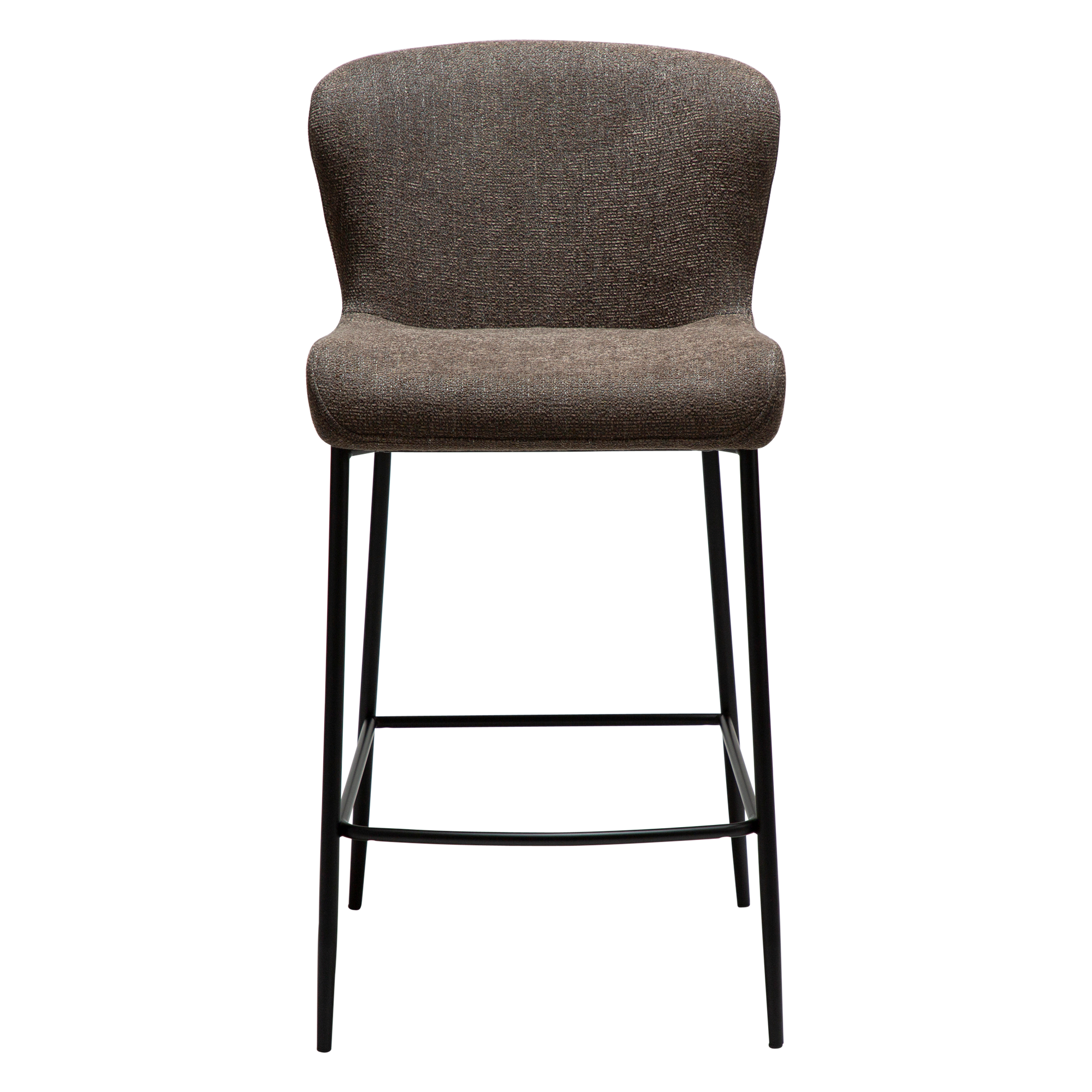 ADAM counter-height stool in Major Brown bouclé fabric with sculpted back and black metal legs by AK Interior Living
