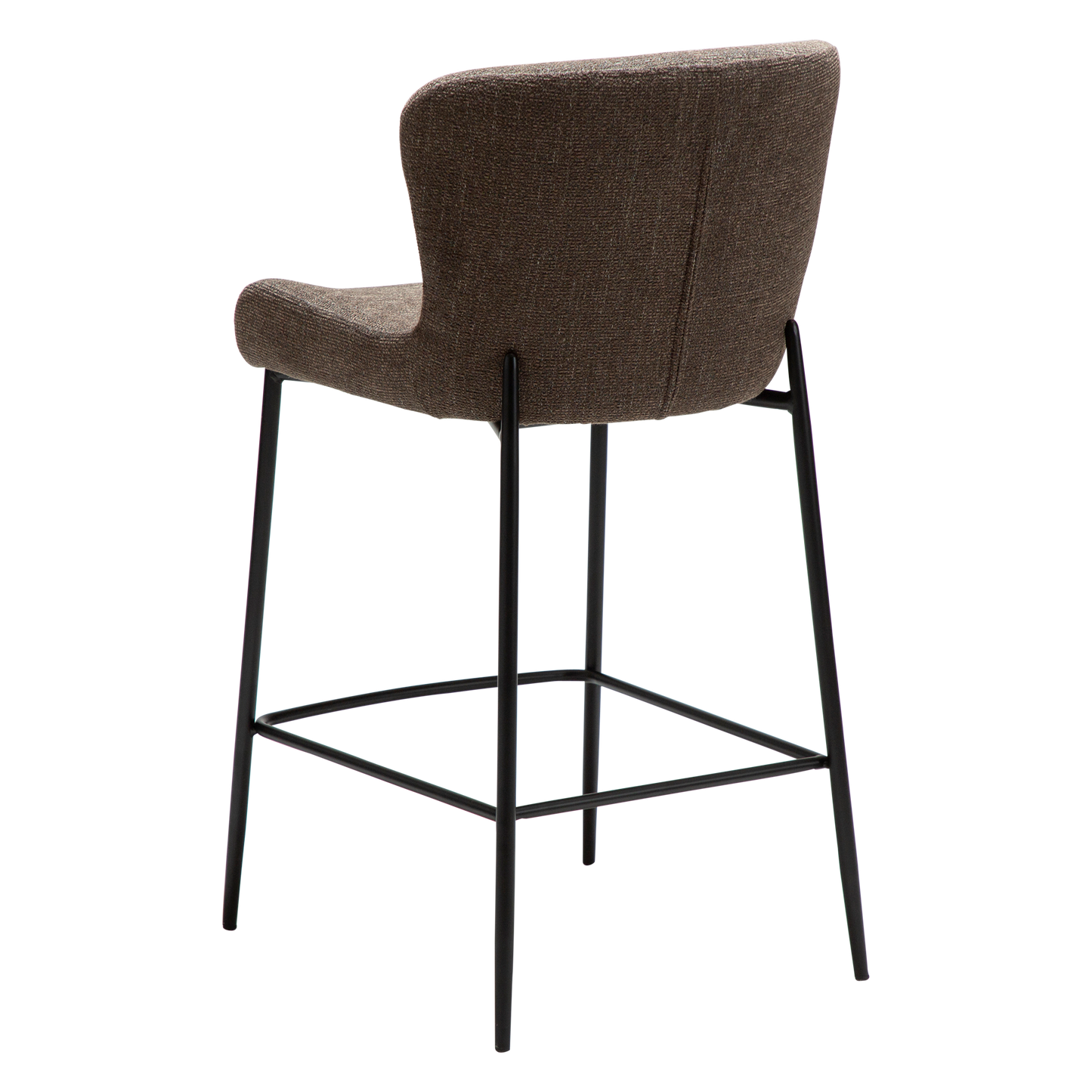ADAM counter-height stool in Major Brown bouclé fabric with sculpted back and black metal legs by AK Interior Living