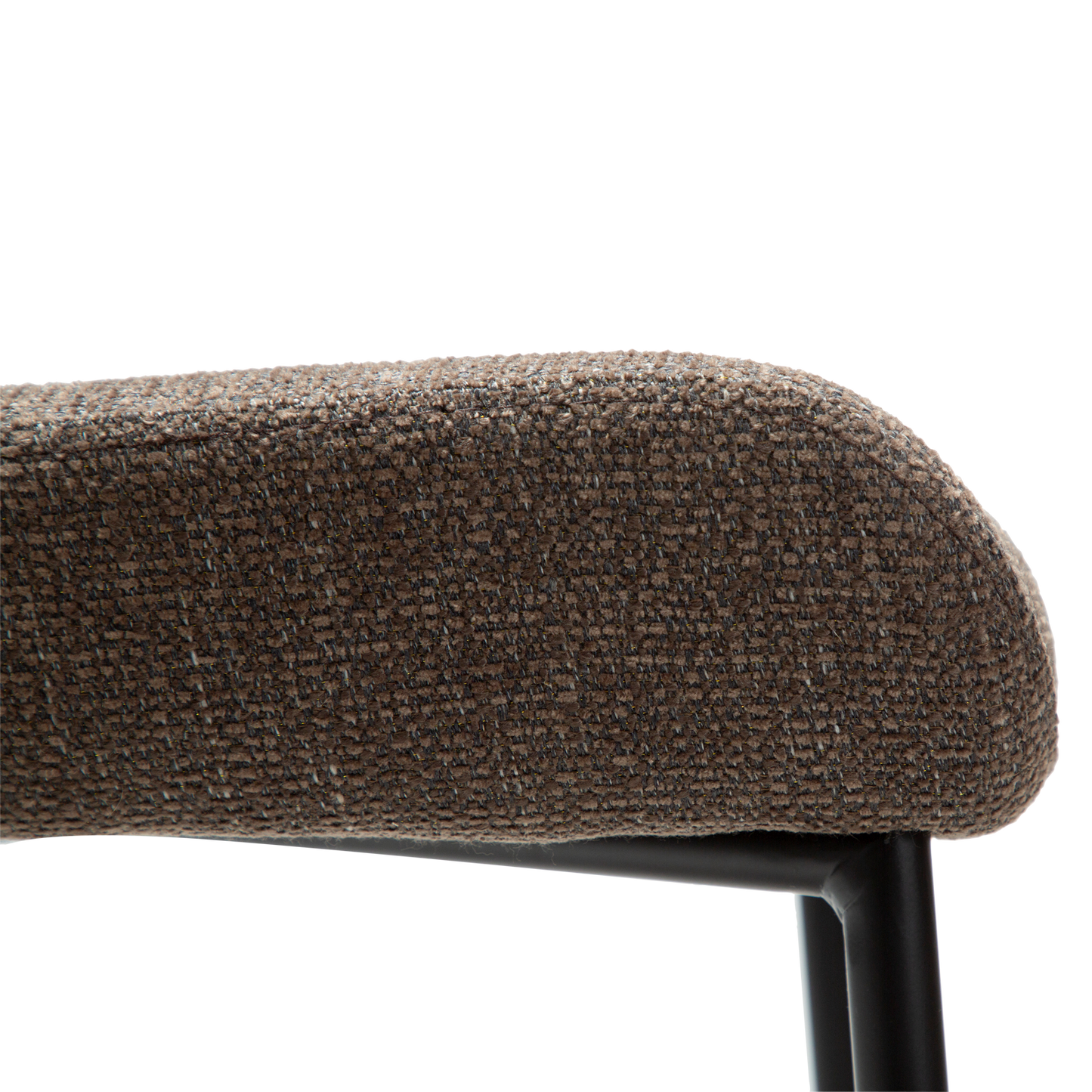 ADAM counter-height stool in Major Brown bouclé fabric with sculpted back and black metal legs by AK Interior Living