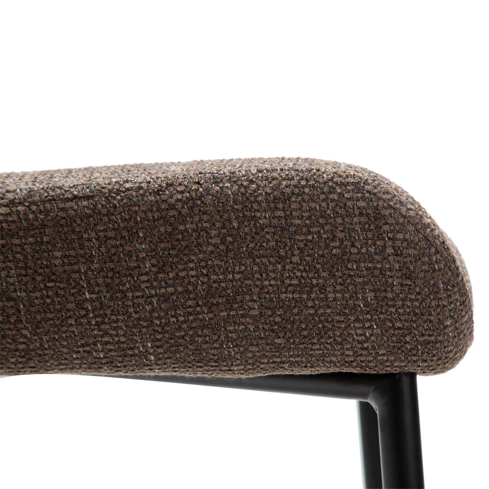 ADAM counter-height stool in Major Brown bouclé fabric with sculpted back and black metal legs by AK Interior Living