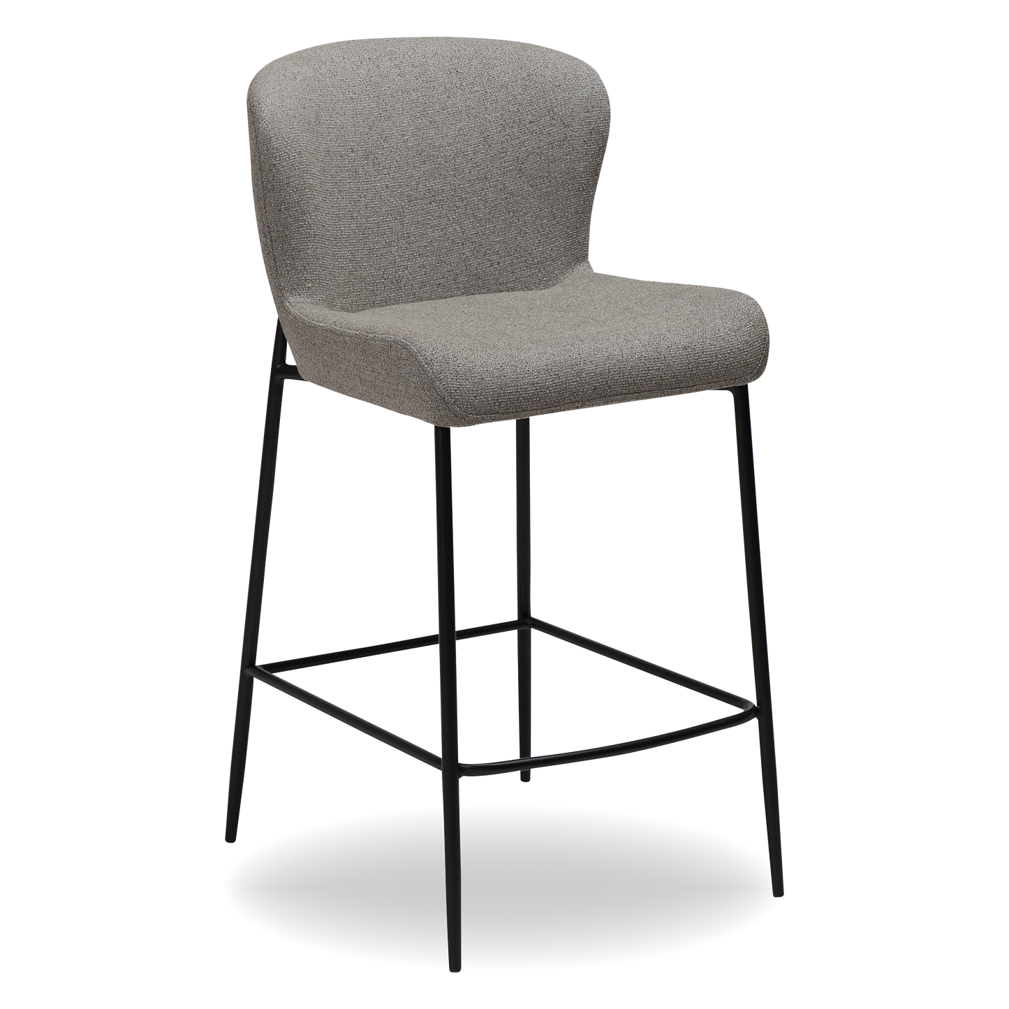 PAT counter-height stool in Pebble Earth bouclé with curved backrest and black metal legs by AK Interior Living
