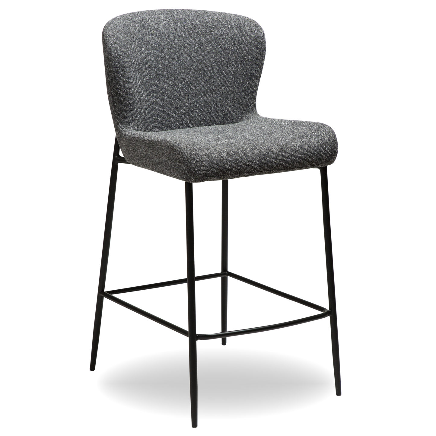 RIAN counter-height stool in Pebble Grey bouclé with black legs and curved backrest by AK Interior Living