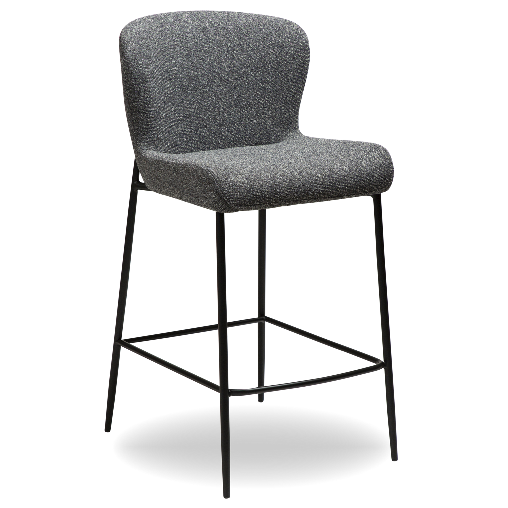 RIAN counter-height stool in Pebble Grey bouclé with black legs and curved backrest by AK Interior Living