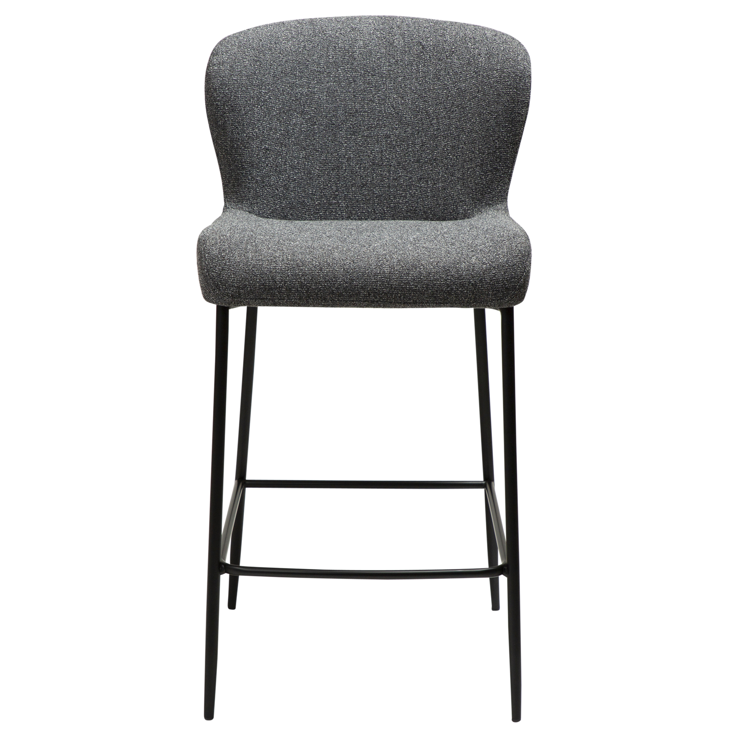 RIAN counter-height stool in Pebble Grey bouclé with black legs and curved backrest by AK Interior Living