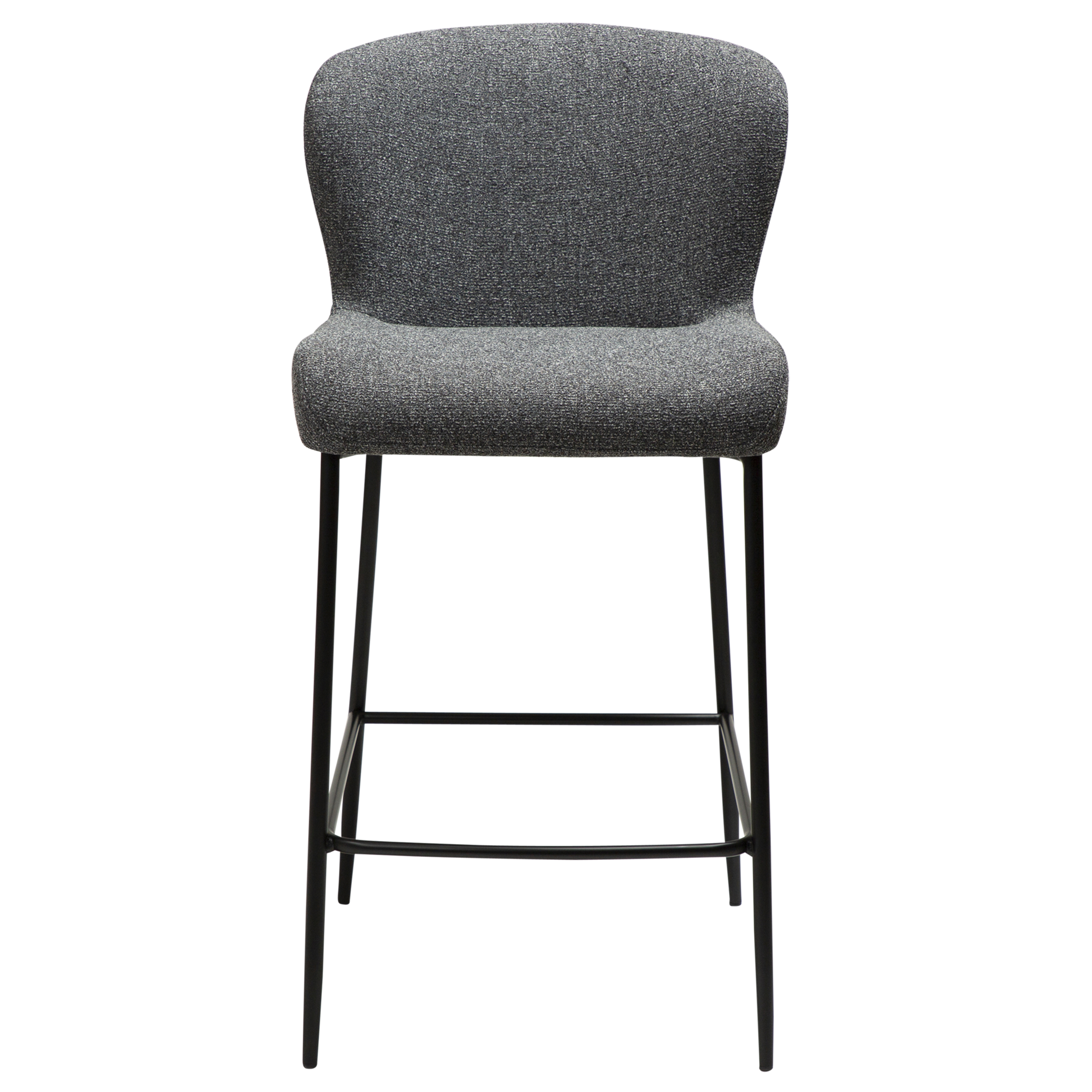 RIAN counter-height stool in Pebble Grey bouclé with black legs and curved backrest by AK Interior Living