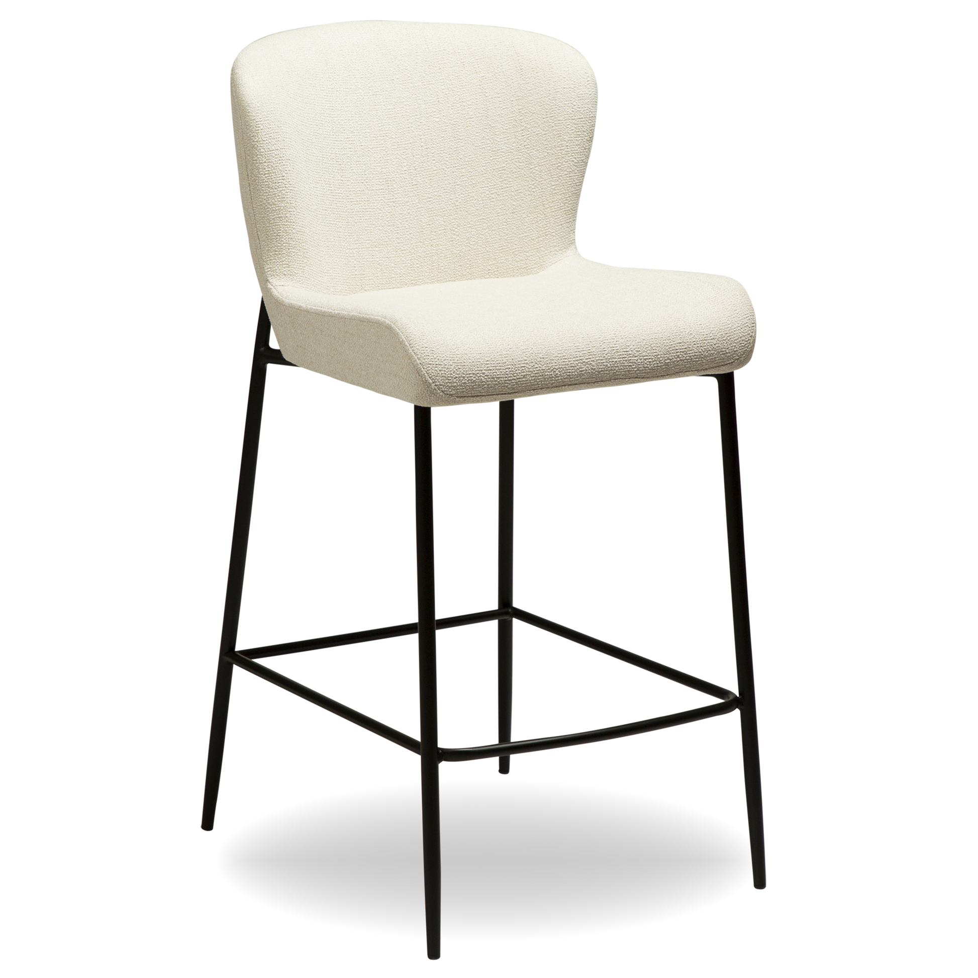 TAYLOR Counter Stool in simply beige bouclé fabric with elegant black metal legs, perfect for stylish interiors
