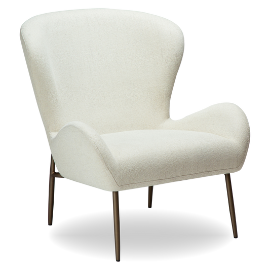 CARL bone white bouclé lounge chair with sculpted backrest and antique brass legs from AK Interior Living