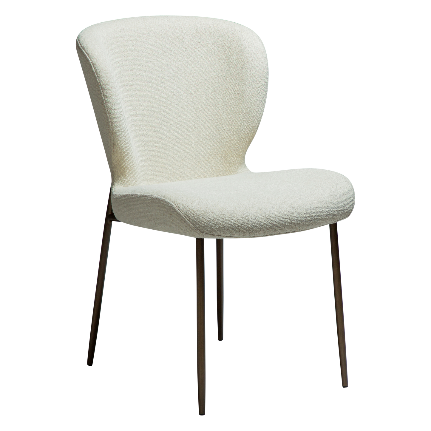 LELA bouclé dining chair with curved back and antique brass legs from AK Interior Living
