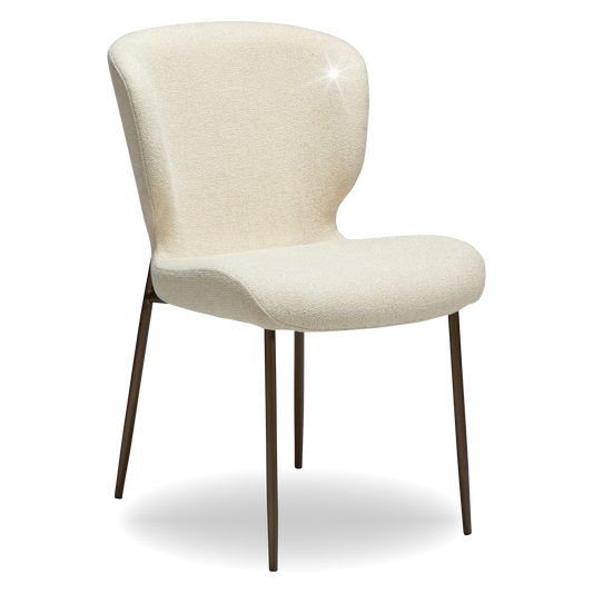 LELA bouclé dining chair with curved back and antique brass legs from AK Interior Living