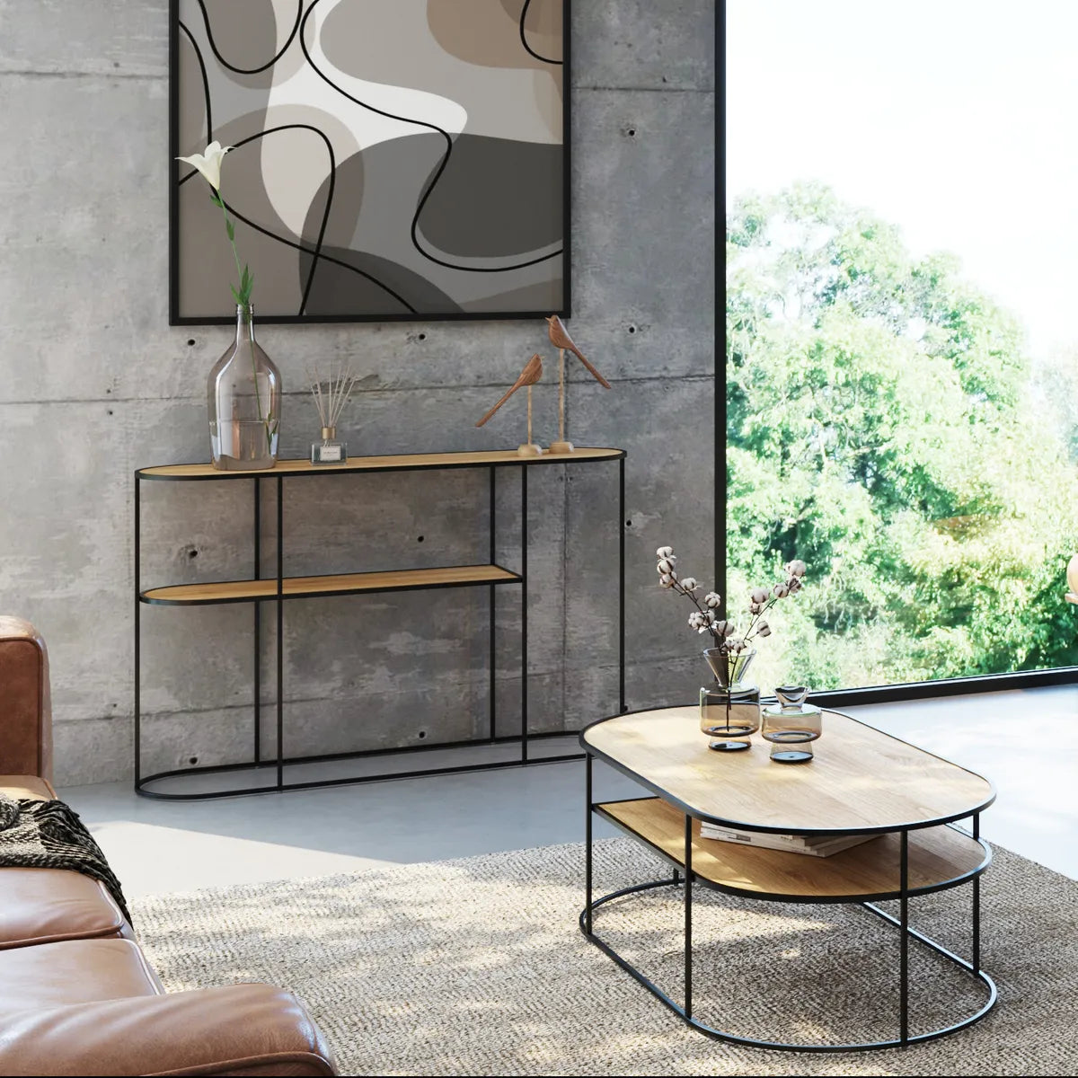 Laia console table with natural oak top and black metal frame – AK Interior Living